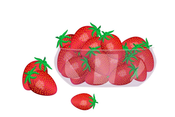 玻璃碗中的草莓在白色背景下隔离 精美的多汁浆果在盘子里 成熟草莓的堆积如山 厨房用具的设计元素 丰硕的收成 种群矢量说明 — 图库矢量图片
