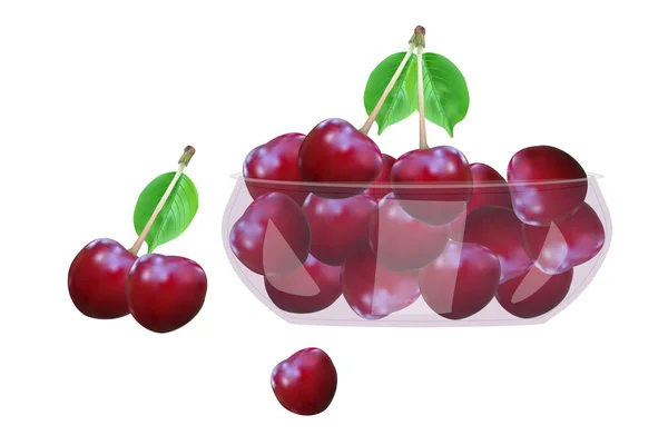 Cereza Cerezas Cuenco Vidrio Aislado Sobre Fondo Blanco Hermosas Bayas — Vector de stock