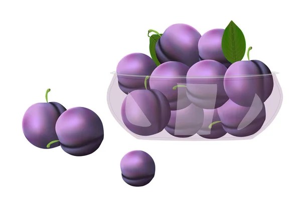 Prune Prunes Dans Bol Verre Isolé Sur Fond Blanc Belles — Image vectorielle