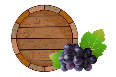 Beyaz arka planda tahtadan bir fıçı ve üzümler var. Şarap yapma etiketi, el işi reklamları, bar menüsü şablonu. Tahta fıçı, alkol, içki amblemi, paket, etiket ya da ikon. Şaraphane deposu. Stok vektör illüstrasyonu