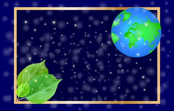 暗い宇宙背景に地球 星や葉を持つ金のフレーム 地球の日だ 世界環境デー 緑のエコアース フレンドリーな生態学の概念 クリエイティブポスターやバナー ストックベクトルイラスト — ストックベクタ
