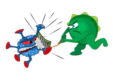 Dokunulmazlık, beyaz arka planda izole edilmiş virüsle savaşıyor. Coronavirus. Sağlık hizmeti konsepti. Komik çizgi film karakteri iyi bakteriler salgın virüslerine karşı savaşır. Hastalıklarla savaşmak için bağışıklık güçlendirici konsept. Stok vektör illüstrasyonu
