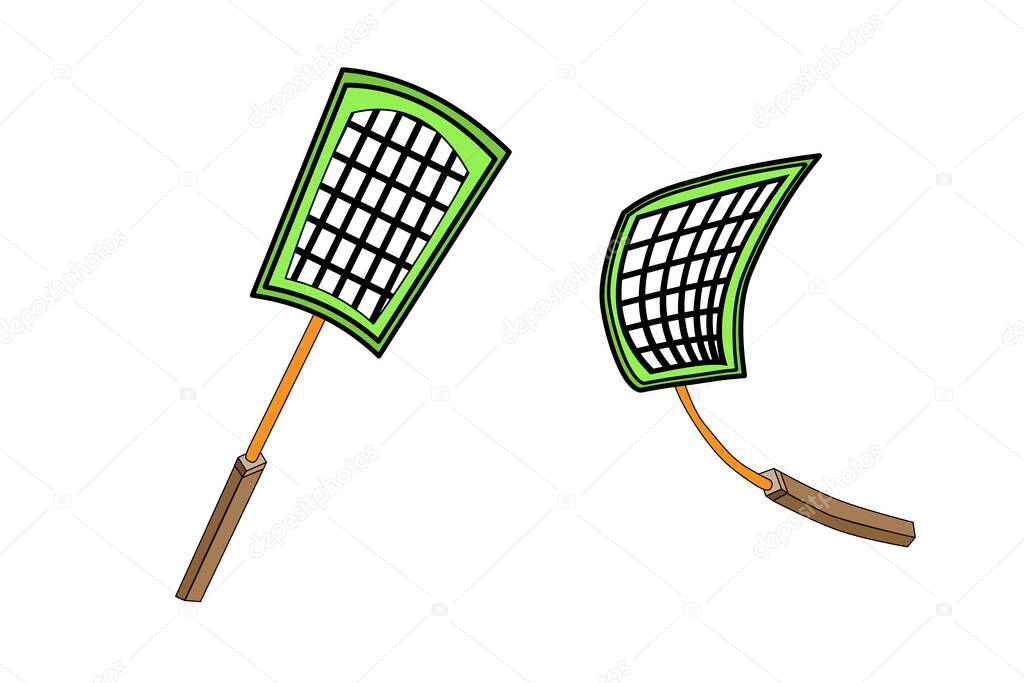 Fly swatter isolated on white background. Tool for the destruction of insects at home. Insect killing tool icon. Green palette to kill mosquitoes. Stock vector illustration