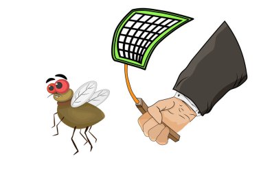 Fly and flyswatter in hand isolated on white background. Hand killing fly with swatter. Man tries to catch fly with flyswatter. Insect pest trap. Tool for destruction of insects at home. Stock vector illustration clipart