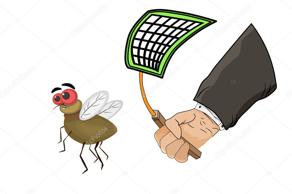 Fly and flyswatter in hand isolated on white background. Hand killing fly with swatter. Man tries to catch fly with flyswatter. Insect pest trap. Tool for destruction of insects at home. Stock vector illustration