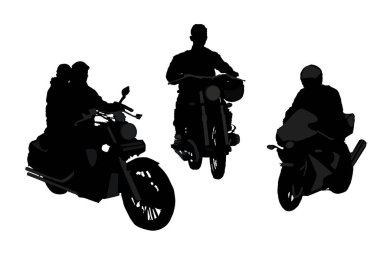 Motosikletçilerin silueti beyaz arka planda izole edildi. Motosiklet kullanan bir motorcu. Özgürlük bağımsızlığı. Özgürlük aktivitesi. Motosikletli sürücüler. Bisiklet etkinliği ya da festival. Stok vektör illüstrasyonu