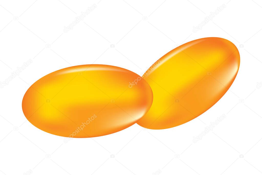 Oil capsule isolated on white background. Vitamin pill omega 3 fish oil, natural gel, drug, cosmetic gold capsule. Oil yellow oval bubble. Golden antibiotic gel pill icon. Realistic serum droplet of collagen essence. Stock vector illustration