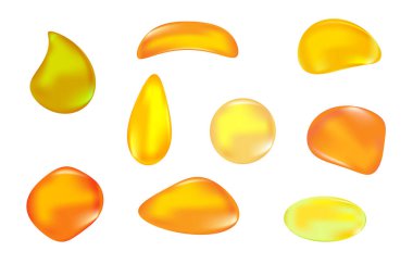 Kehribar taşını beyaz arkaplanda izole et. Bal damlası koleksiyonu. Altın sıvı özü, yağ veya kayganlaştırıcı damlacıklar. Tasarım için petrous reçine. Gemstone ya da mineral kabarcığı. Stok vektör illüstrasyonu