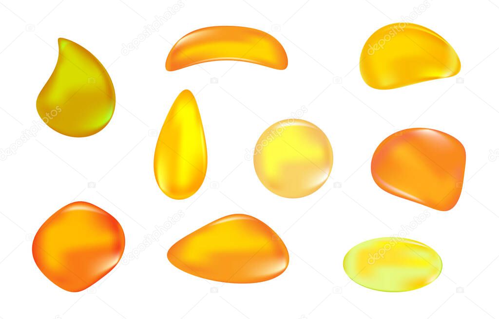 Set amber stone isolated on white background. Collection of honey drops. Golden liquid essence, oil or lubricant droplets. Petrous resin for design. Gemstone or mineral bubble. Stock vector illustration
