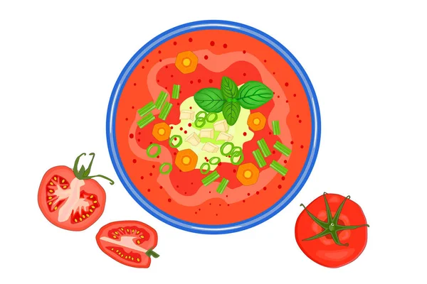 Tomatensuppe Isoliert Auf Weißem Hintergrund Heiße Gemüsesuppe Teller Und Tomatenscheiben — Stockvektor