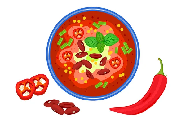 Chilli soup isolated on white background. Spicy meat stew with bean in a bowl. Paprika gazpacho. Mexican food. Delicious creamy soup in plate top view. Hot vegetable soup in plate and pepper slices near. Stock vector illustration — Stock Illustration Chilli Soup Isolated White Background Spicy Meat Stew Bean Bowl Vector Graphics