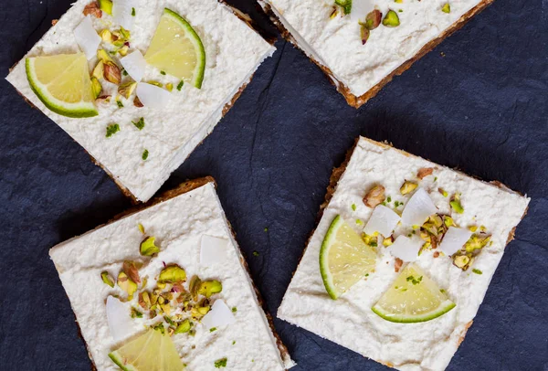 Raw pistachio, coconut and lime cheesecakes.