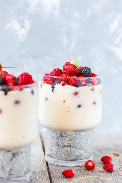 Pouding au chia sain avec smoothies et baies dans un verre . — Photo