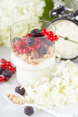 Sağlıklı hafif Kahvaltı: müsli, çilek ve yoğurt parfe