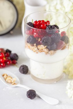 Sağlıklı hafif Kahvaltı: müsli, çilek ve yoğurt parfe