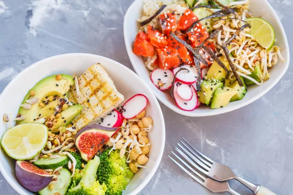 sağlıklı yemek, Buda salata kasesi ve ahi poke.