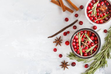 Kış mulled şarap ile kızılcık ve baharat hafif bir backgr üzerinde