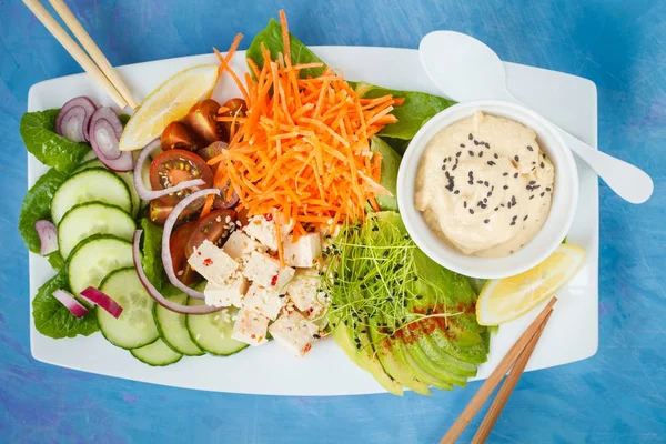 Rectangular rainbow vegan plate with vegetables, tofu and hummus