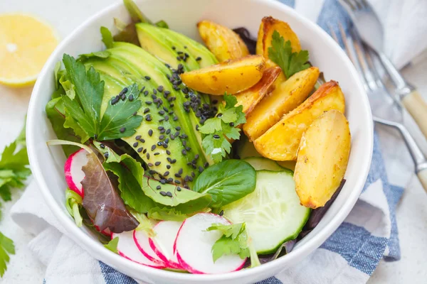 Buddha skål rainbow sallad med bakad potatis, avocado, rättika ett — Stockfoto