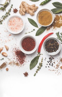 Baharat otlar ve Yeşiller seçim. Yemek pişirmek için malzemeler. W