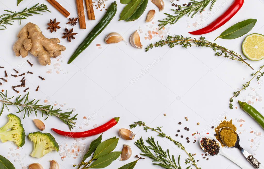 Selection of spices, herbs and greens. Ingredients for cooking. 
