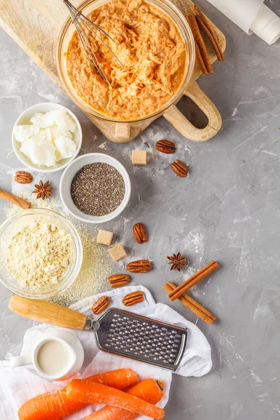 Healthy baking of carrot cake, vegan dessert ingredients: dough