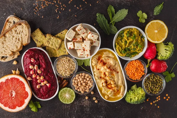 Fondo de comida vegana. Snacks vegetarianos: hummus —  Fotos de Stock