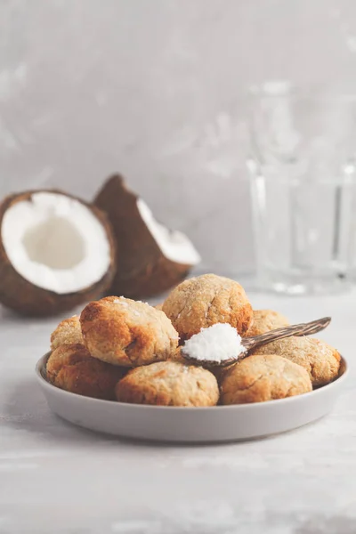 Healthy vegan homemade coconut cookies, light background