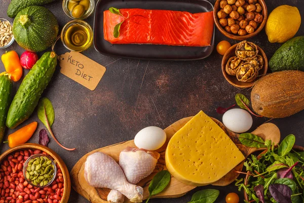 Keto (ketogenic) diyet kavramı. Yüksek protein yiyecek, yiyecek çerçeve 