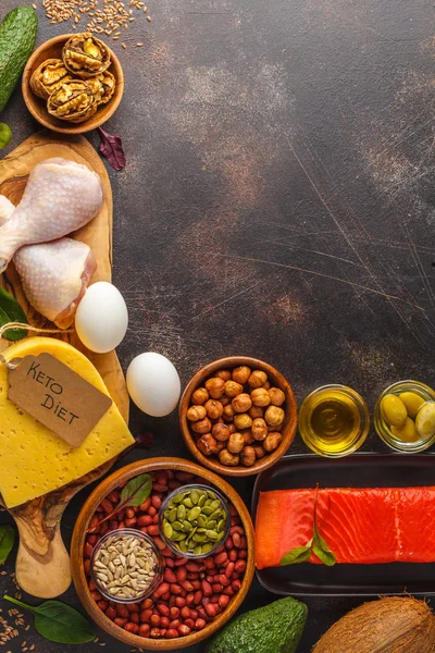 Keto (ketogenic) diyet kavramı. Yüksek protein yiyecek, yiyecek çerçeve