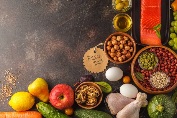 Paläo-Diät-Konzept. ausgewogene Ernährung Rahmen Hintergrund. Kopierraum, — Stockfoto