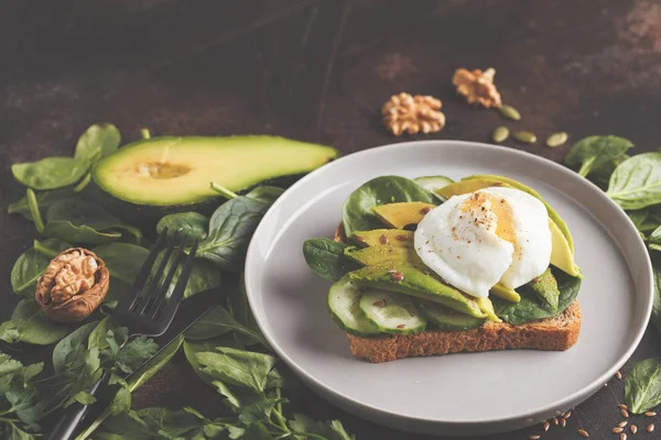Fresh avocado breakfast with egg poached sandwich.