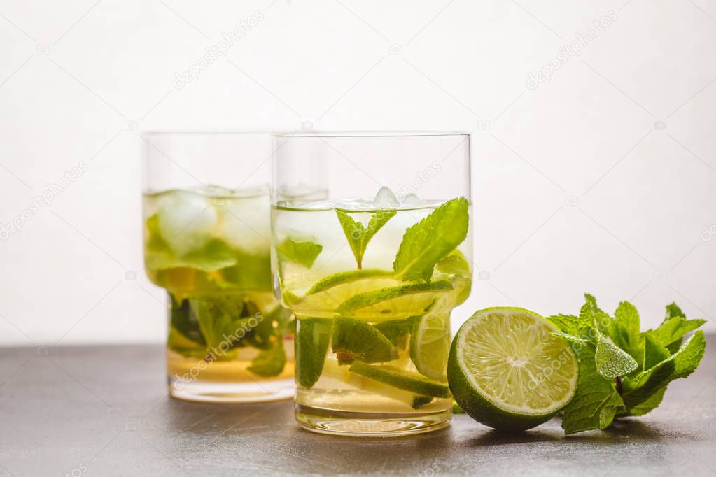 Brazilian traditional caipirinha with lime, sugar and mint 