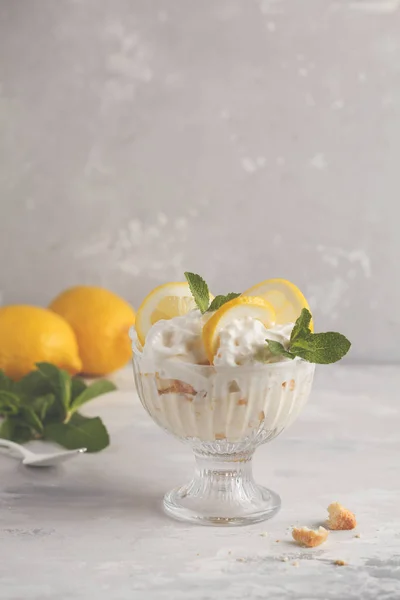 Lemon dessert. English lemon trifle, cheesecake, whipped cream,