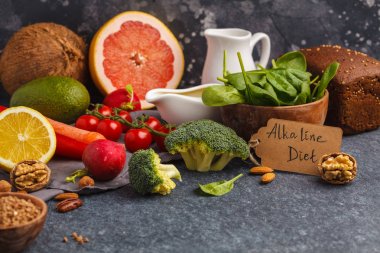 Sağlıklı gıda arka plan, trendy alkali diyet ürünler - meyve,