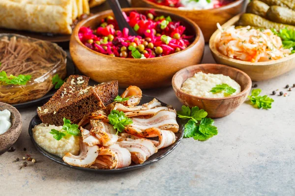 Traditional Russian cuisine concept. Borsch, jellied meat, lard — Stock Image Traditional Russian cuisine concept. Borsch, jellied meat, lard Royalty Free Stock Photos
