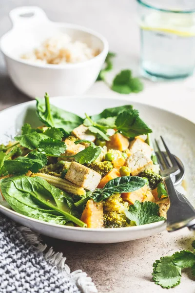 Veganistische Groene Curry Met Tofu Zoete Aardappel Maïs Spinazie Gezond — Stockfoto