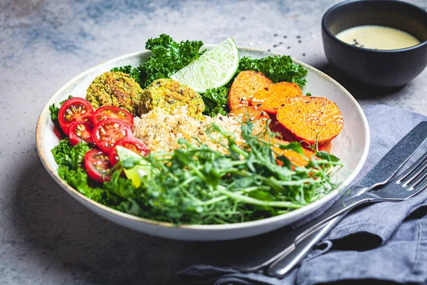 Vegan Dinner Quinoa Salad Baked Sweet Potato Falafel Kale Pea — Stock Photo, Image