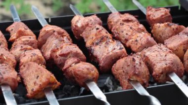 Geleneksel Rus domuz şiş kebabı. Açık havada ızgara et.