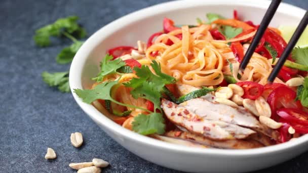 Essunterlage thailändische Nudeln mit Huhn, Erdnüssen und Gemüse in Schüssel, dunkler Hintergrund. — Stockvideo
