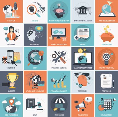 İş için düz tasarım simgeler kümesi. Web sitesi geliştirme ve cep telefonu hizmetleri ve uygulamaları için simgeler.