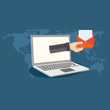 Zarf ve belge tutan el ile dizüstü bilgisayar. , E-posta pazarlama, internet reklam kavramları. Düz vektör çizim.