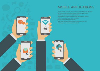 Mobil uygulamalar konsepti. Telefonları olan eller. Düz vektör illüstrasyonu.