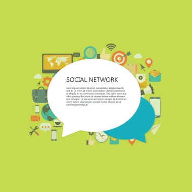 Sosyal ağ kavramı. Metin ve simgeleri ile konuşma balonları. Düz vektör çizim.