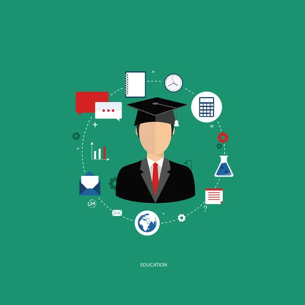 Concepto educativo. Estudiante con iconos educativos. Ilustración vectorial plana . — Vector de stock