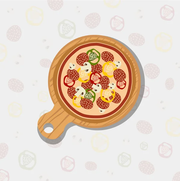 Pizza em tábua de madeira. Comida rápida italiana saborosa e fresca. Ilustração vetorial plana . —  Vetores de Stock