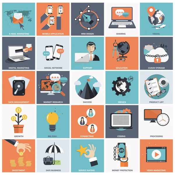 Set von flachen Design-Icons für Unternehmen, digitales Marketing, Webdesign, Video-Marketing, Codierung, soziales Netzwerk, Verarbeitung, Verbindung. Symbole für Website-Entwicklung und Mobiltelefondienste und Apps. — Stockvektor