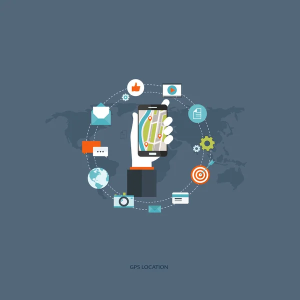 Navegación por teléfono inteligente, sistema de posicionamiento global móvil y concepto de seguimiento: aplicación de seguimiento de ubicación en el teléfono inteligente con pantalla táctil, en el fondo del mapa mundial. Ilustración vectorial plana . — Vector de stock