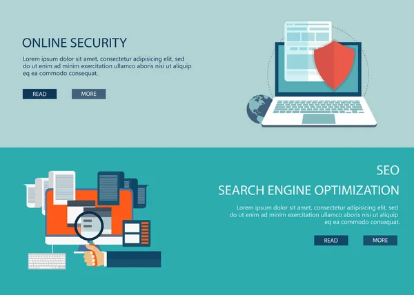 Sécurité en ligne et optimisation des moteurs de recherche. Fonds de calcul plat . — Image vectorielle