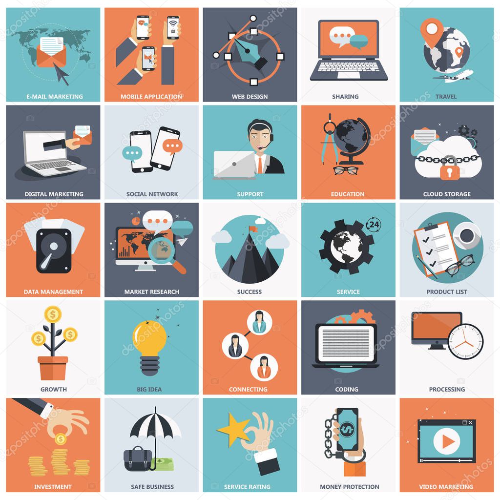 Set of flat design icons for business, digital marketing, web design, video marketing, coding, social network, processing, connecting. Icons for website development and mobile phone services and apps.